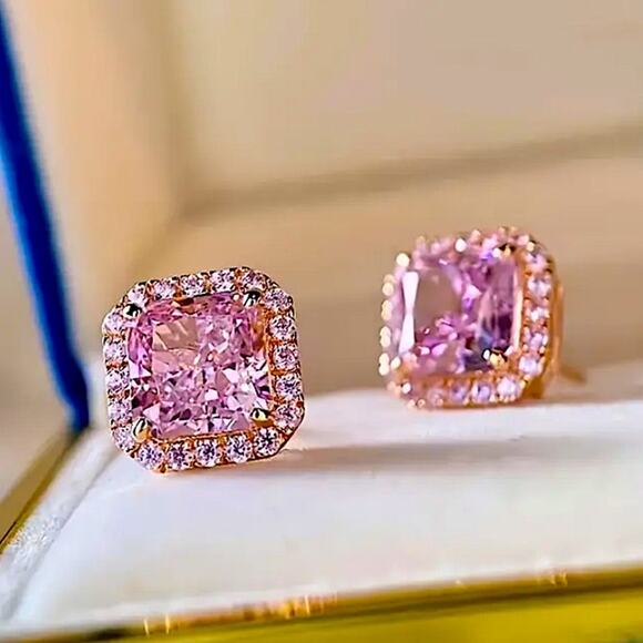 Pink Gemstone Zircon Stud Earrings, Wedding, Bridal, Anniversary - Picture 6 of 7